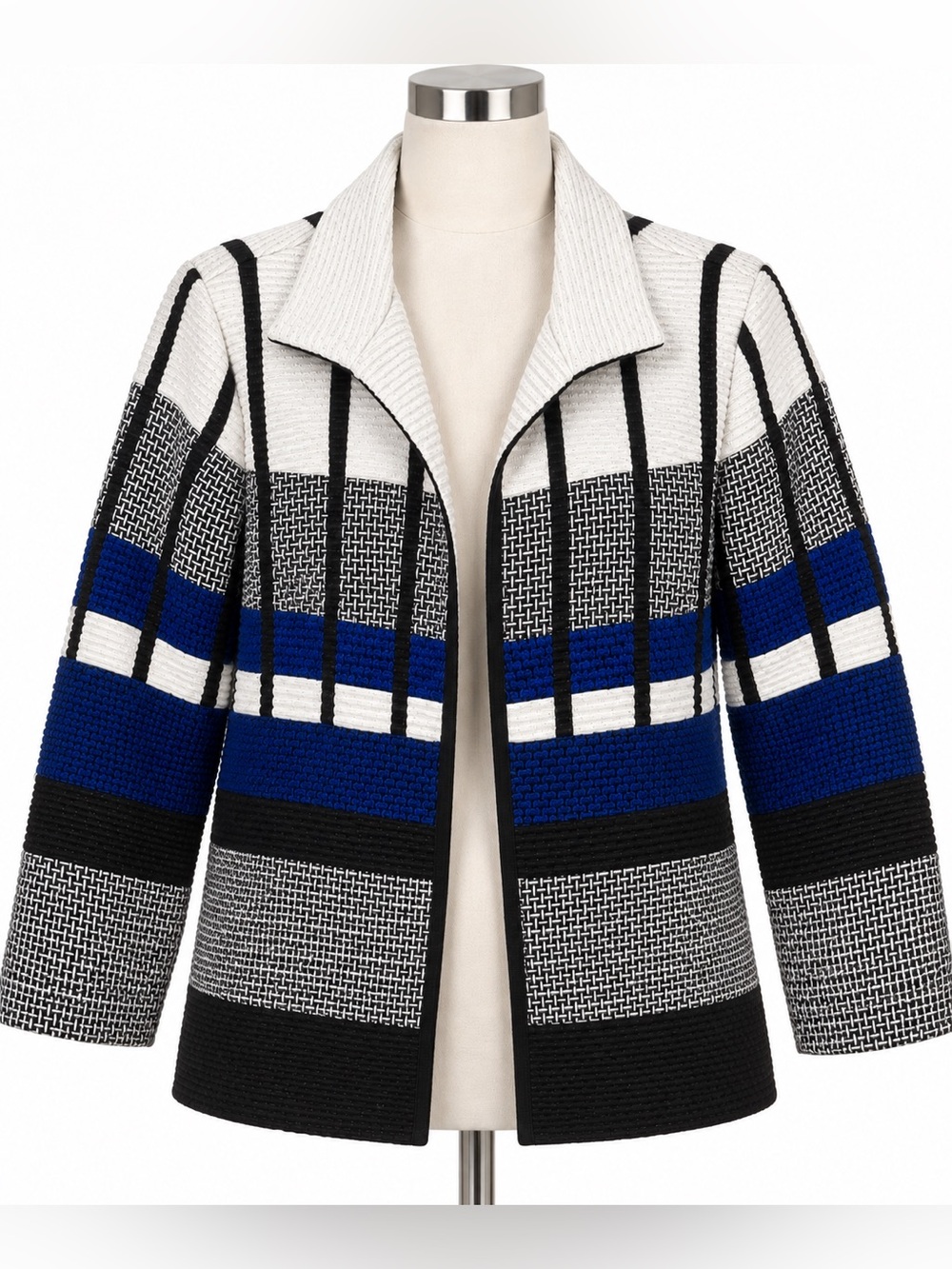 Chico's Black, White & Blue Striped Zip-Front Knit Jacket